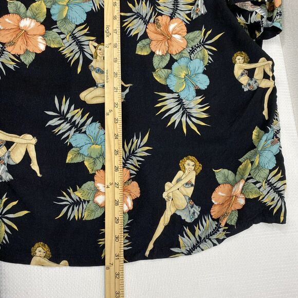 Pierre Cardin Hawaiian Shirt Mens XL Black Tropical Floral Sexy Lady Button Down - Picture 9 of 9